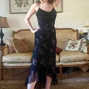 y2k Black Embroidered Midi Dress